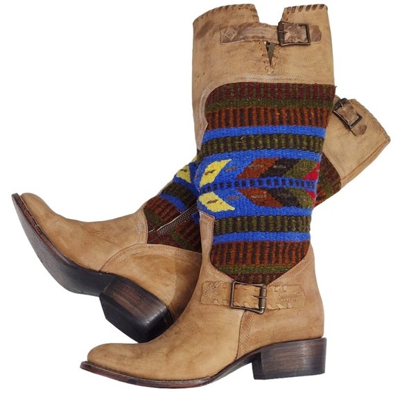 Freebird by Steven Shoes - FREEBIRD BY STEVEN QUIXOTE TAN LEATHER WOOL BLANKET SOUTHWEST AZTEC BOOT QXOTE